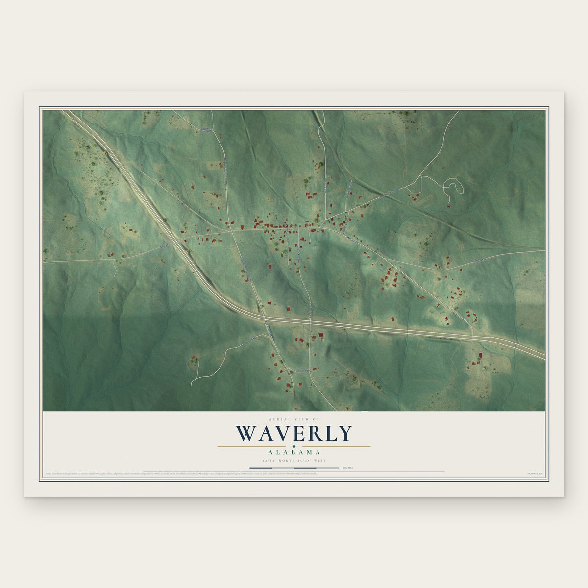 Waverly, Alabama map print, the full design