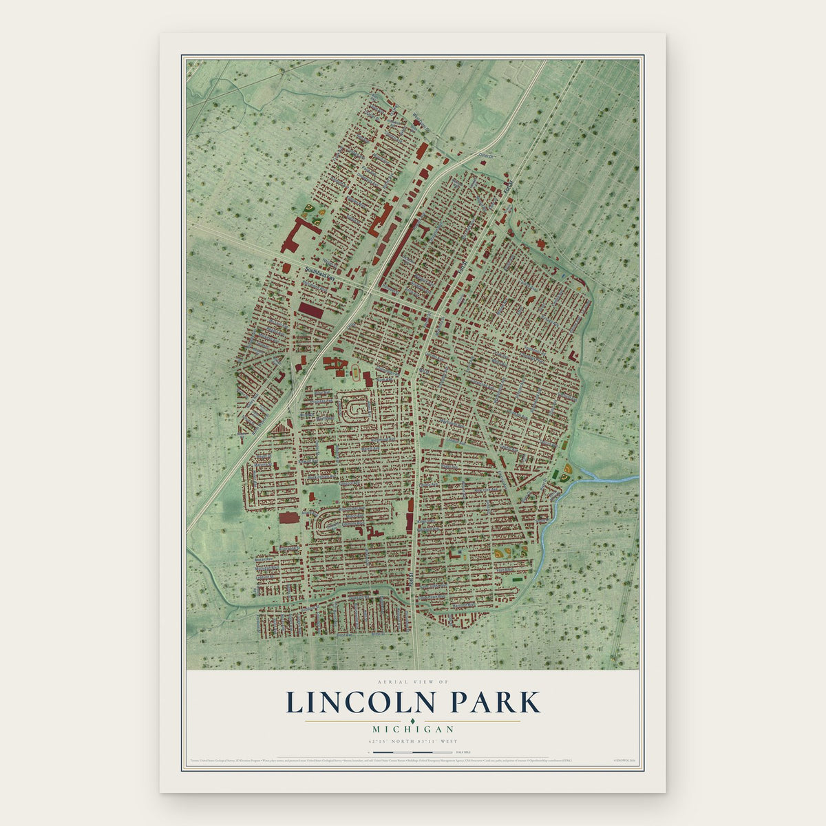 Lincoln Park, Michigan map print, the full design