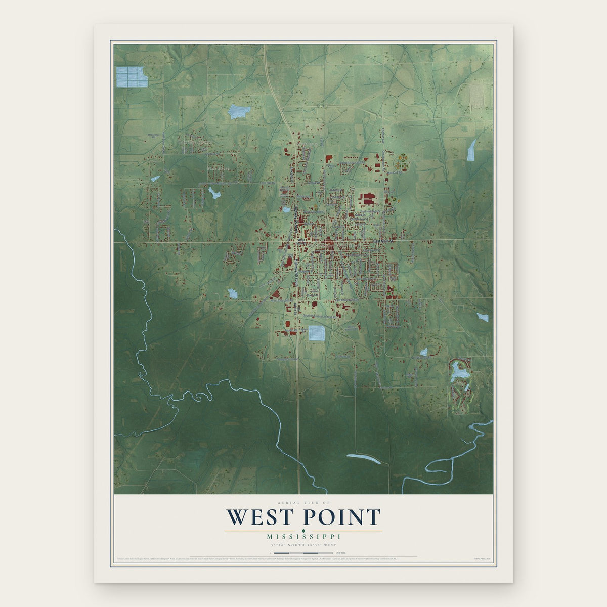 West Point, Mississippi map print, the full design