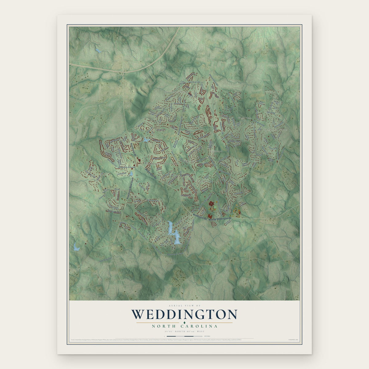 Weddington, North Carolina map print, the full design
