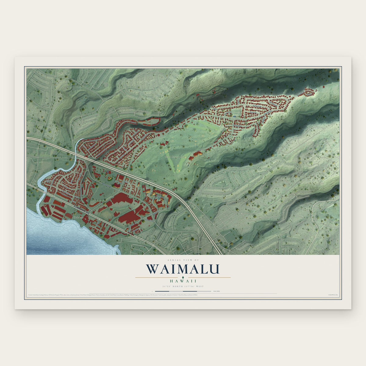 Waimalu, Hawaii map print, the full design
