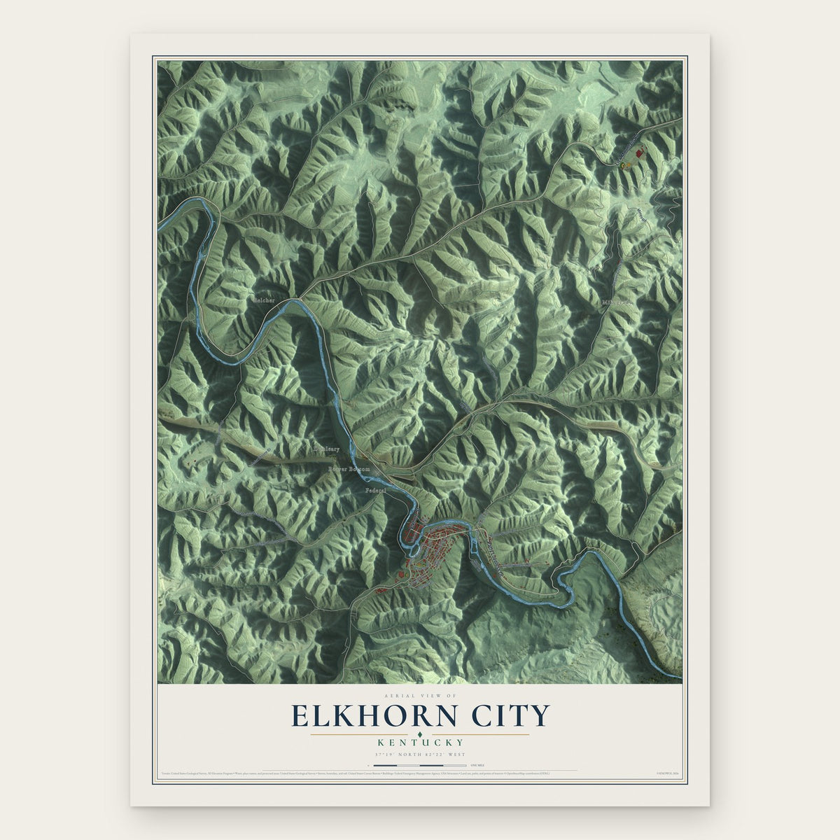 Elkhorn City, Kentucky map print, the full design
