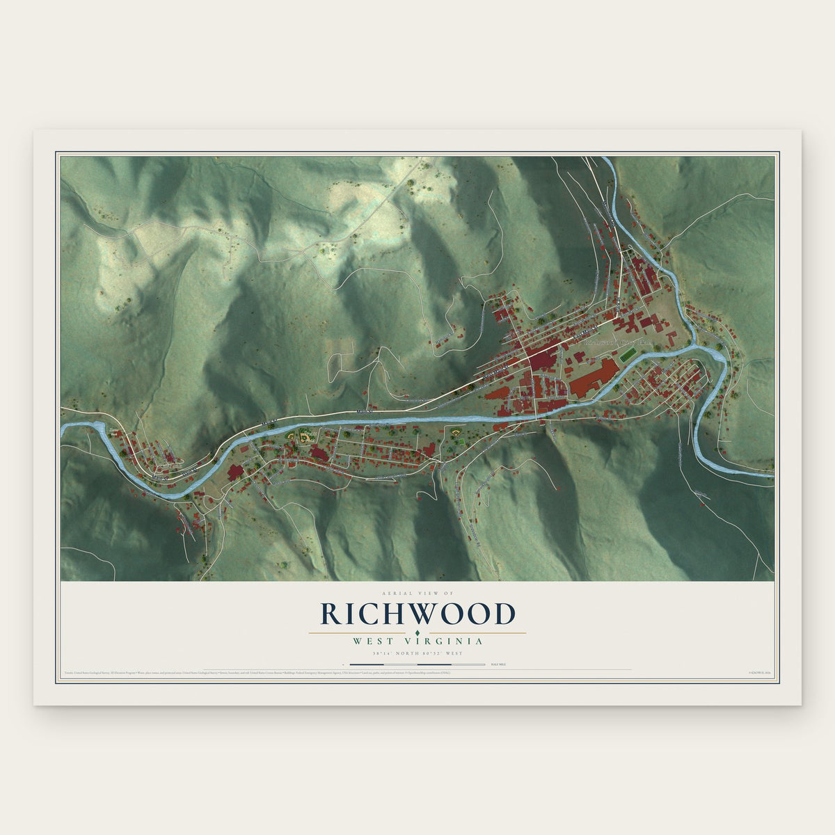 Richwood, West Virginia map print, the full design