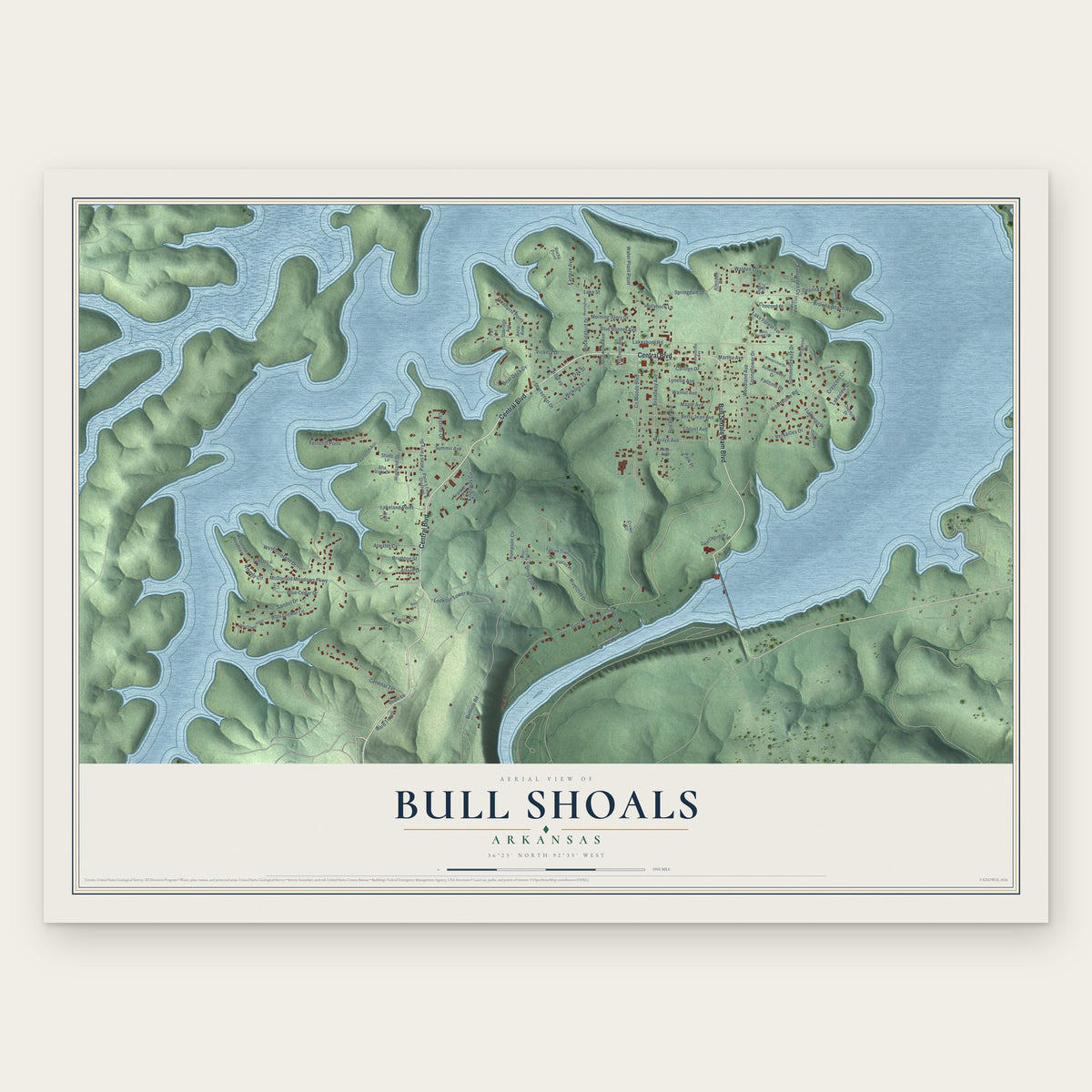 Bull Shoals, Arkansas map print, the full design