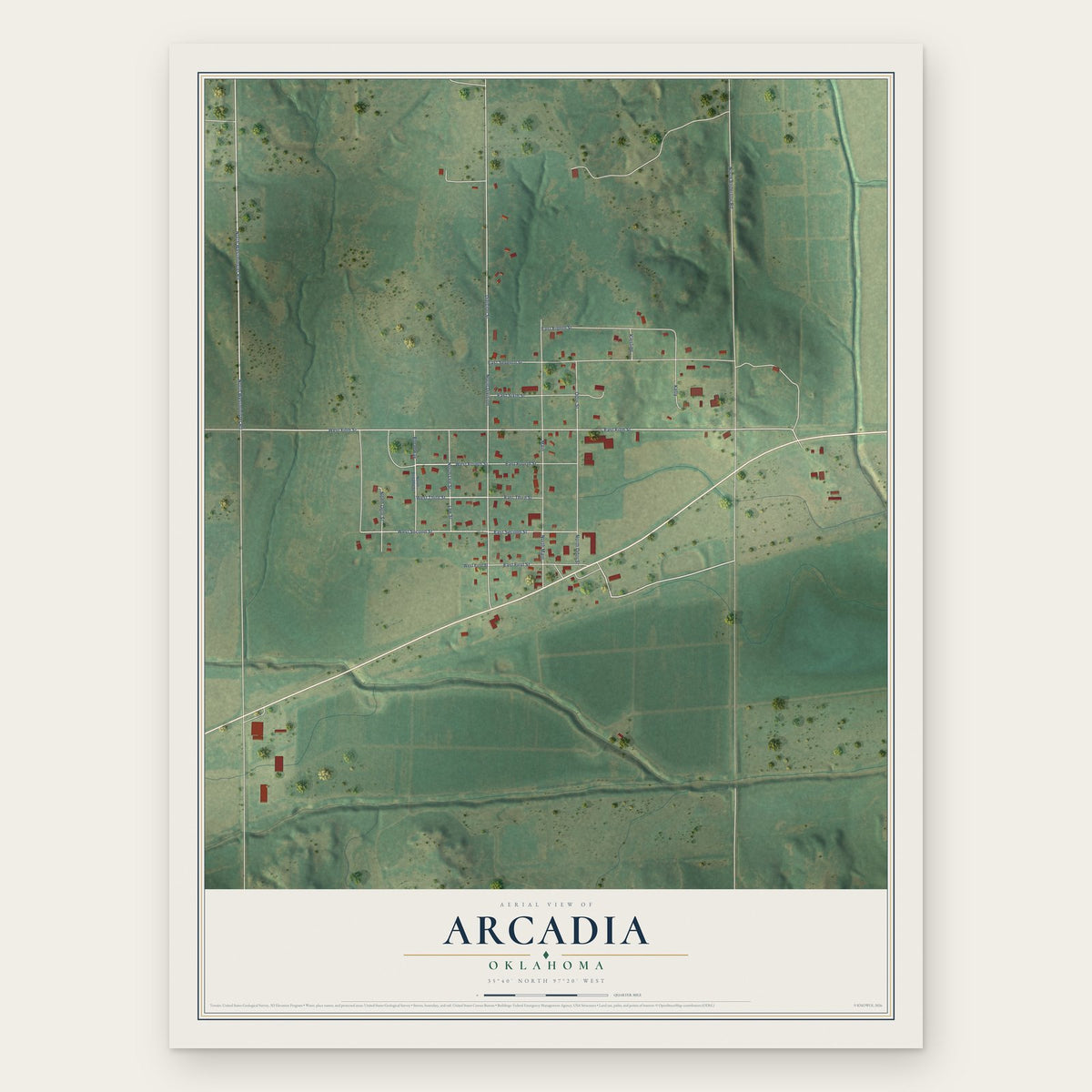Arcadia, Oklahoma map print, the full design
