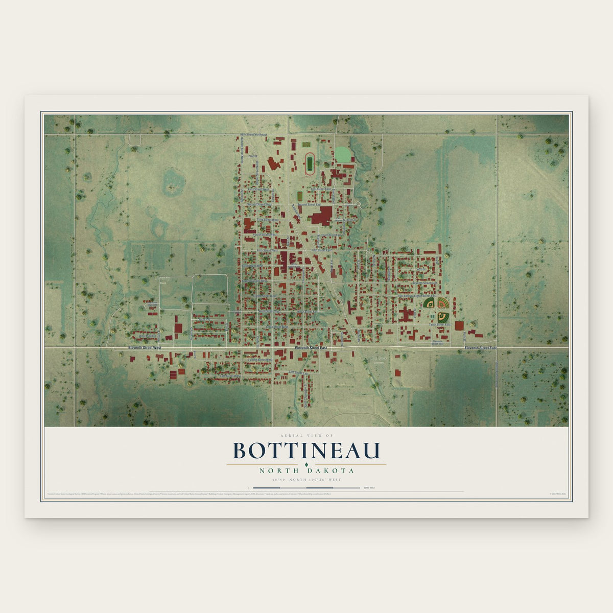 Bottineau, North Dakota map print, the full design