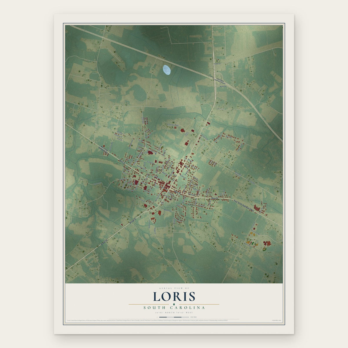 Loris, South Carolina map print, the full design