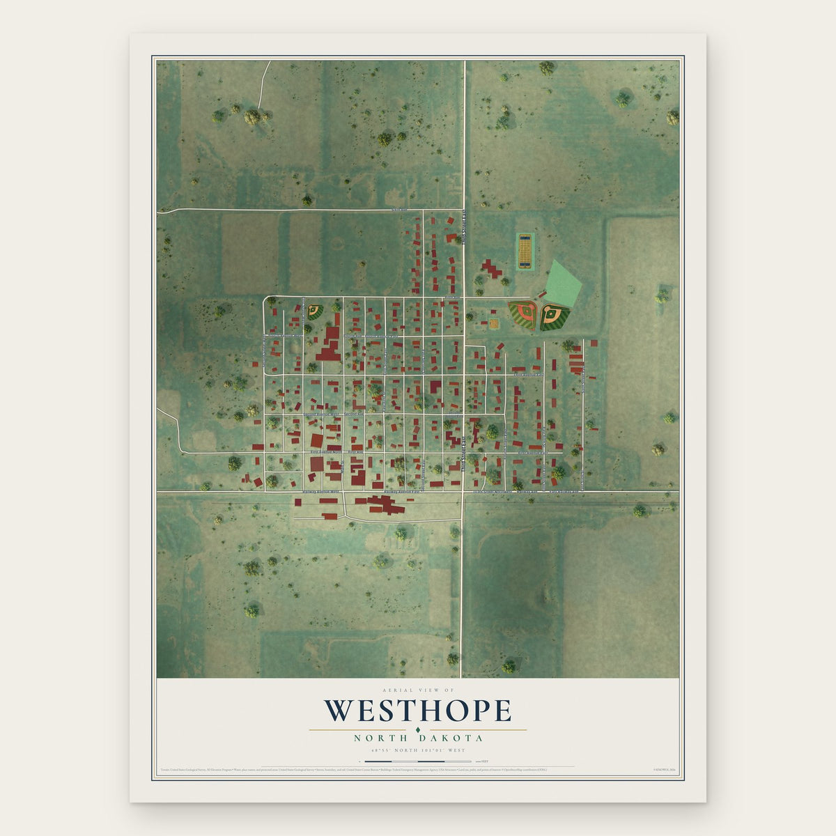 Westhope, North Dakota map print, the full design