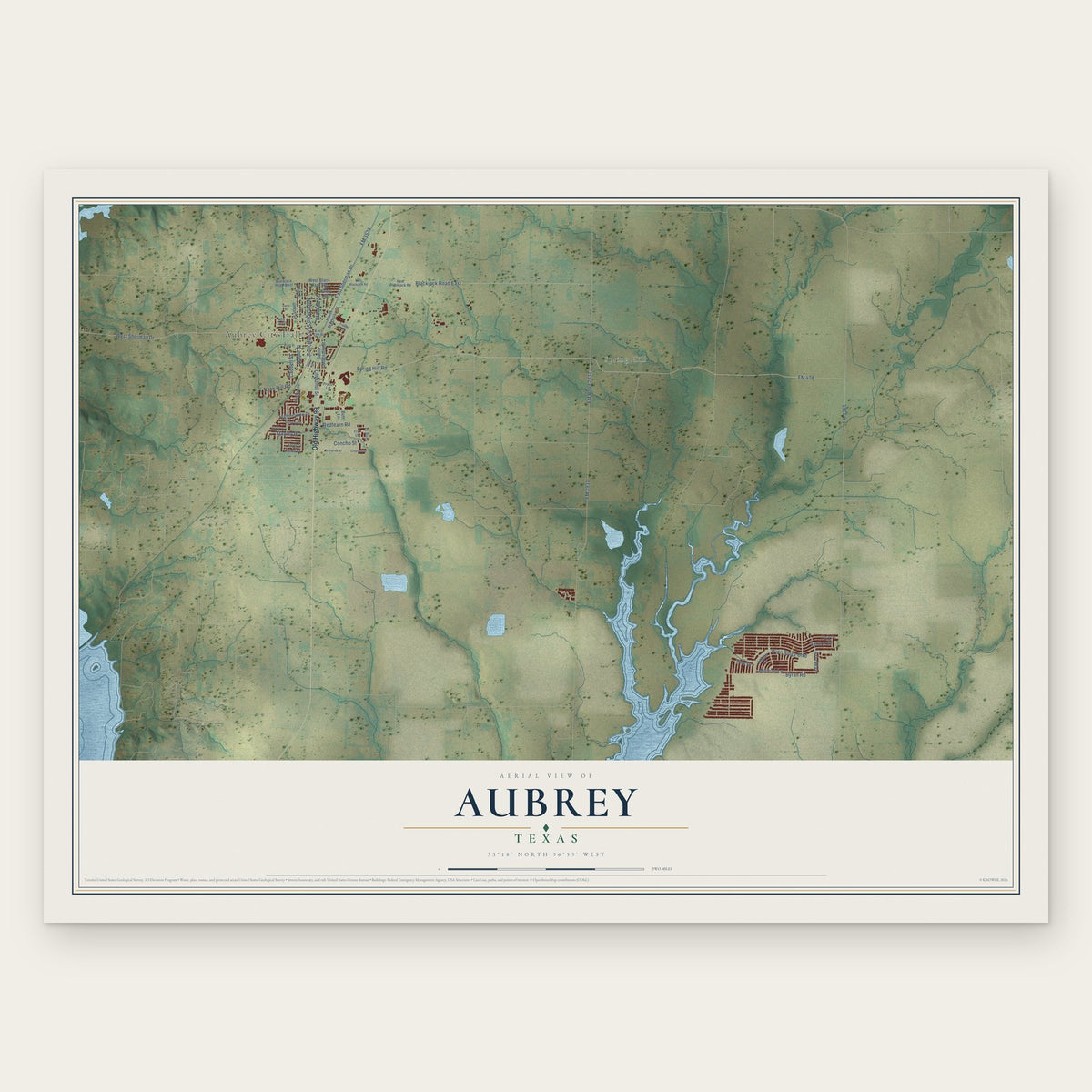 Aubrey, Texas map print, the full design