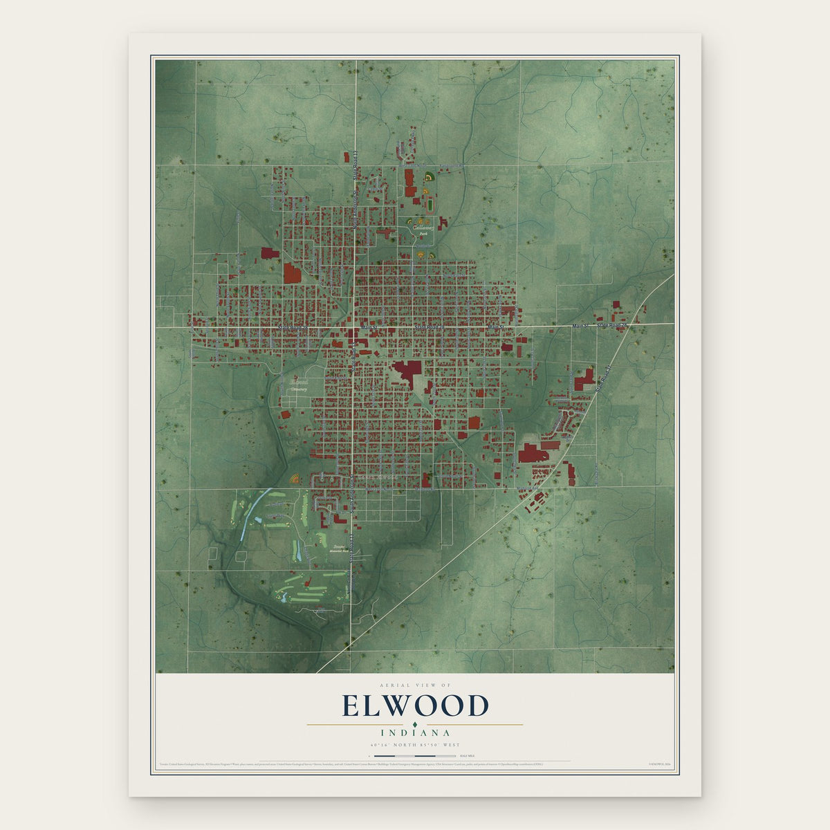 Elwood, Indiana map print, the full design