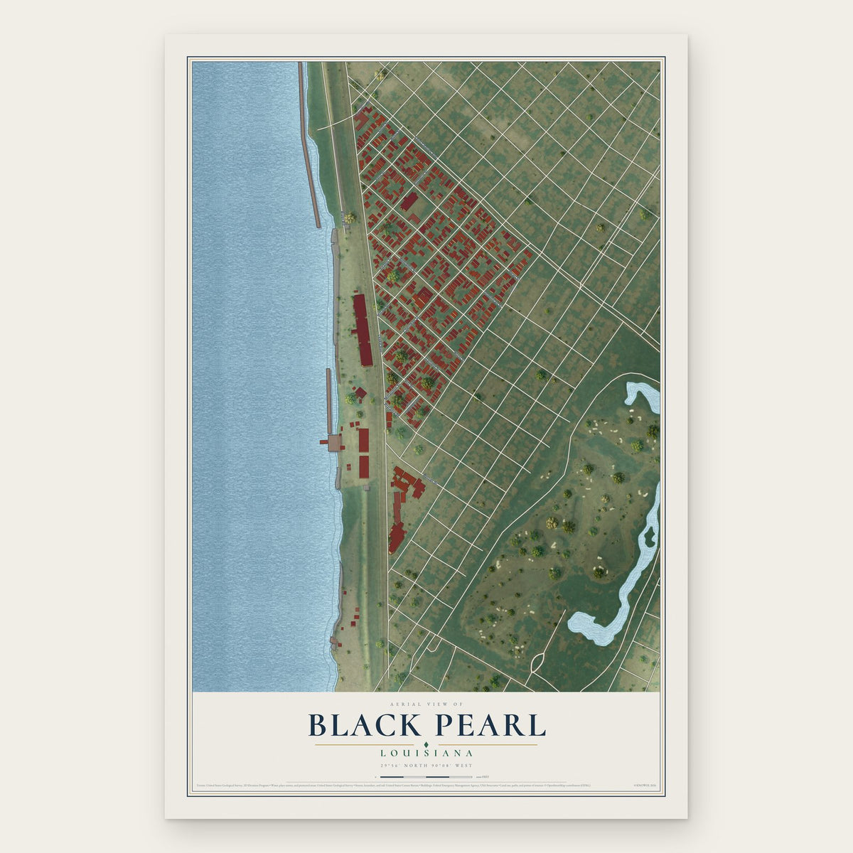 Black Pearl, Louisiana map print, the full design