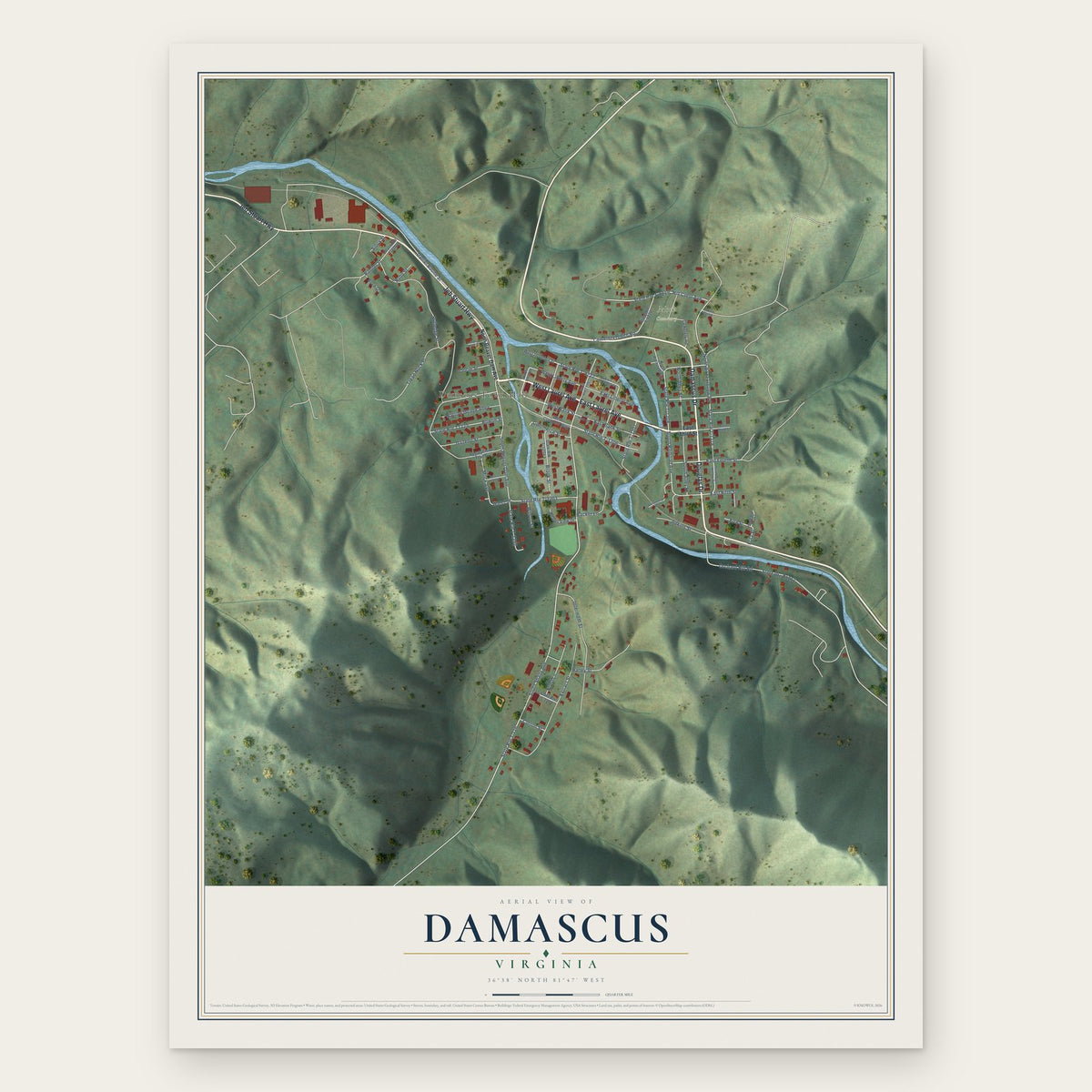 Damascus, Virginia map print, the full design