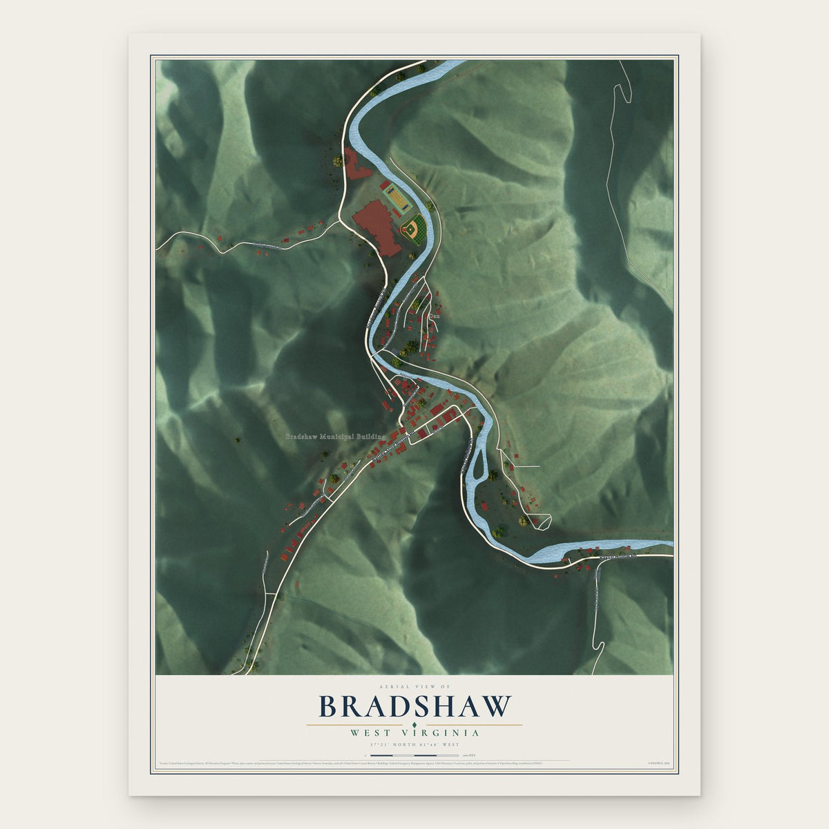 Bradshaw, West Virginia map print, the full design