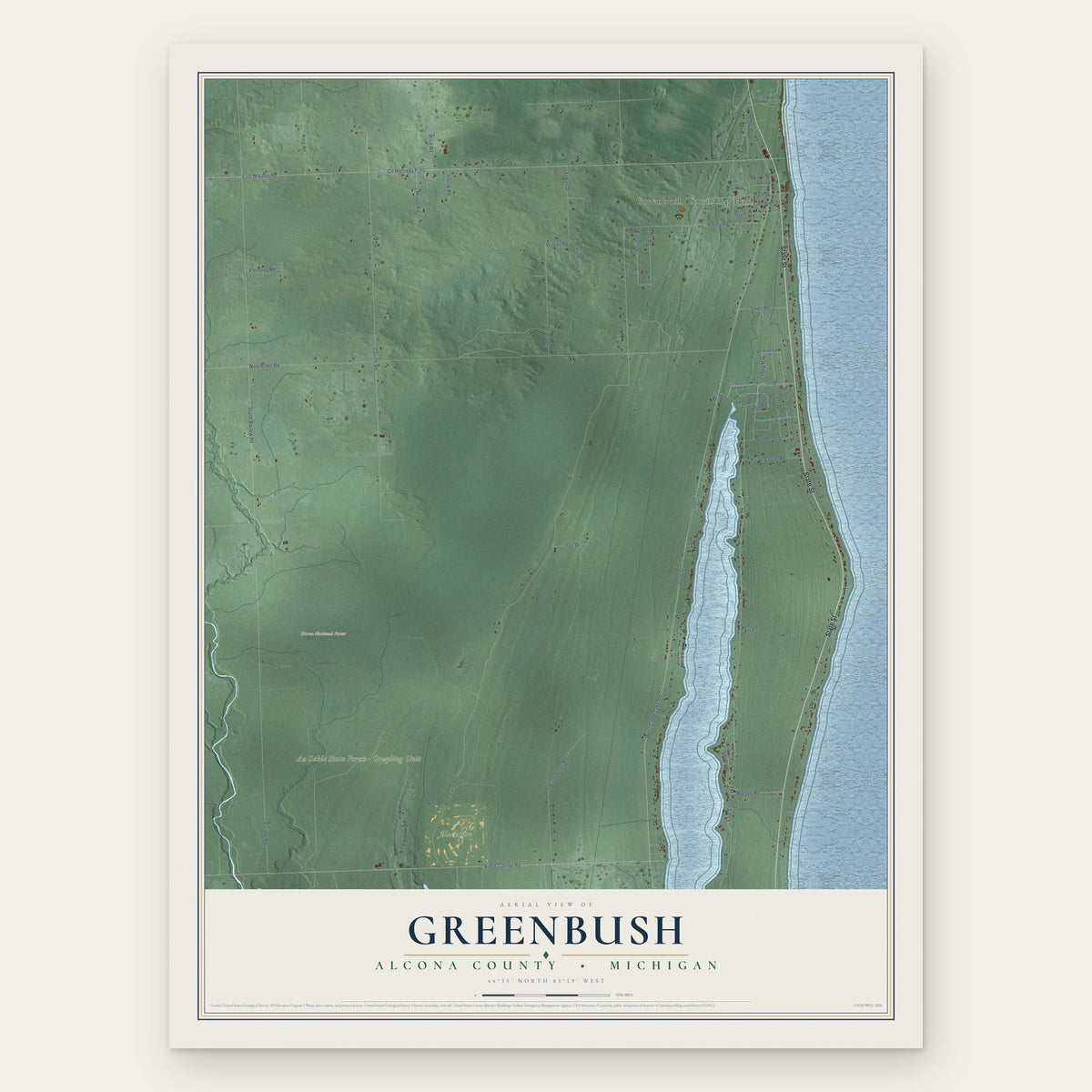 Greenbush, Alcona County, Michigan map print, the full design