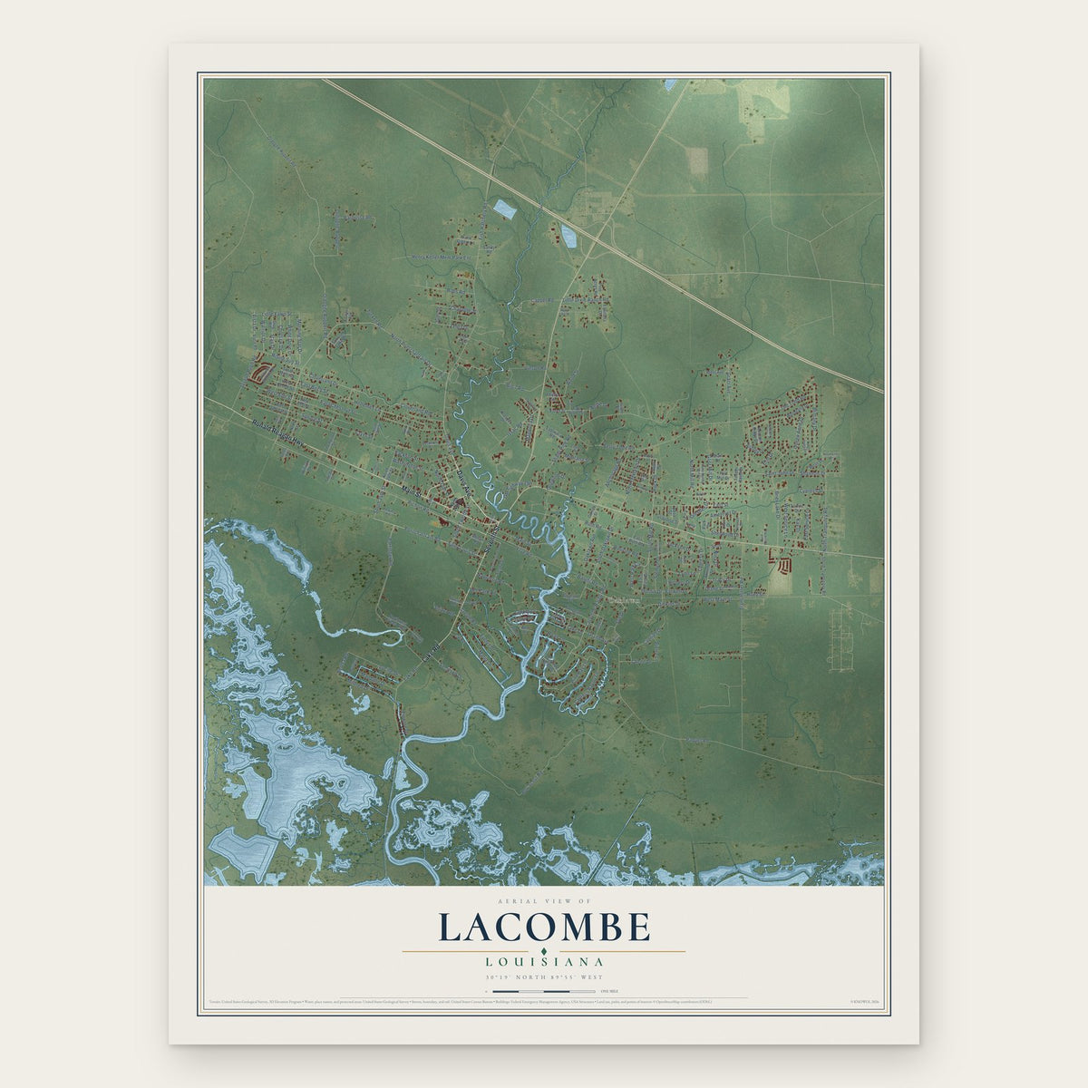 Lacombe, Louisiana map print, the full design