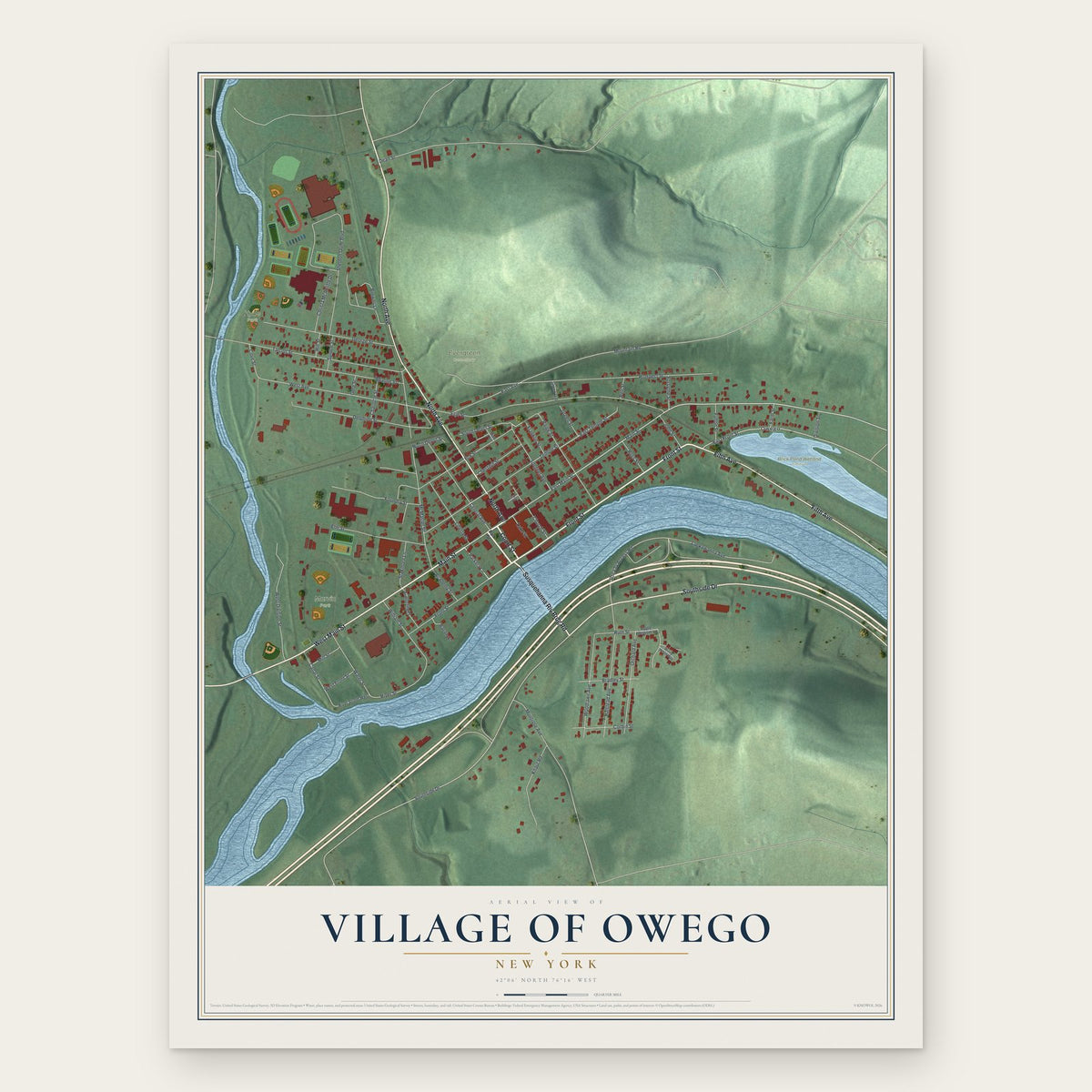 Village of Owego, New York map print, the full design