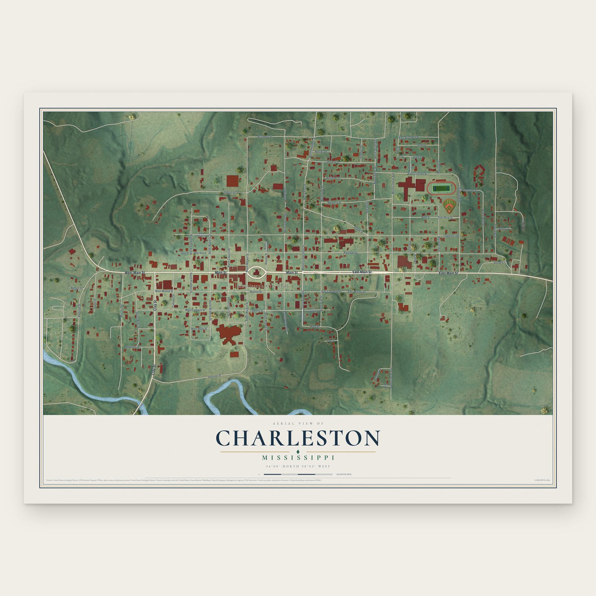 Charleston, Mississippi map print, the full design