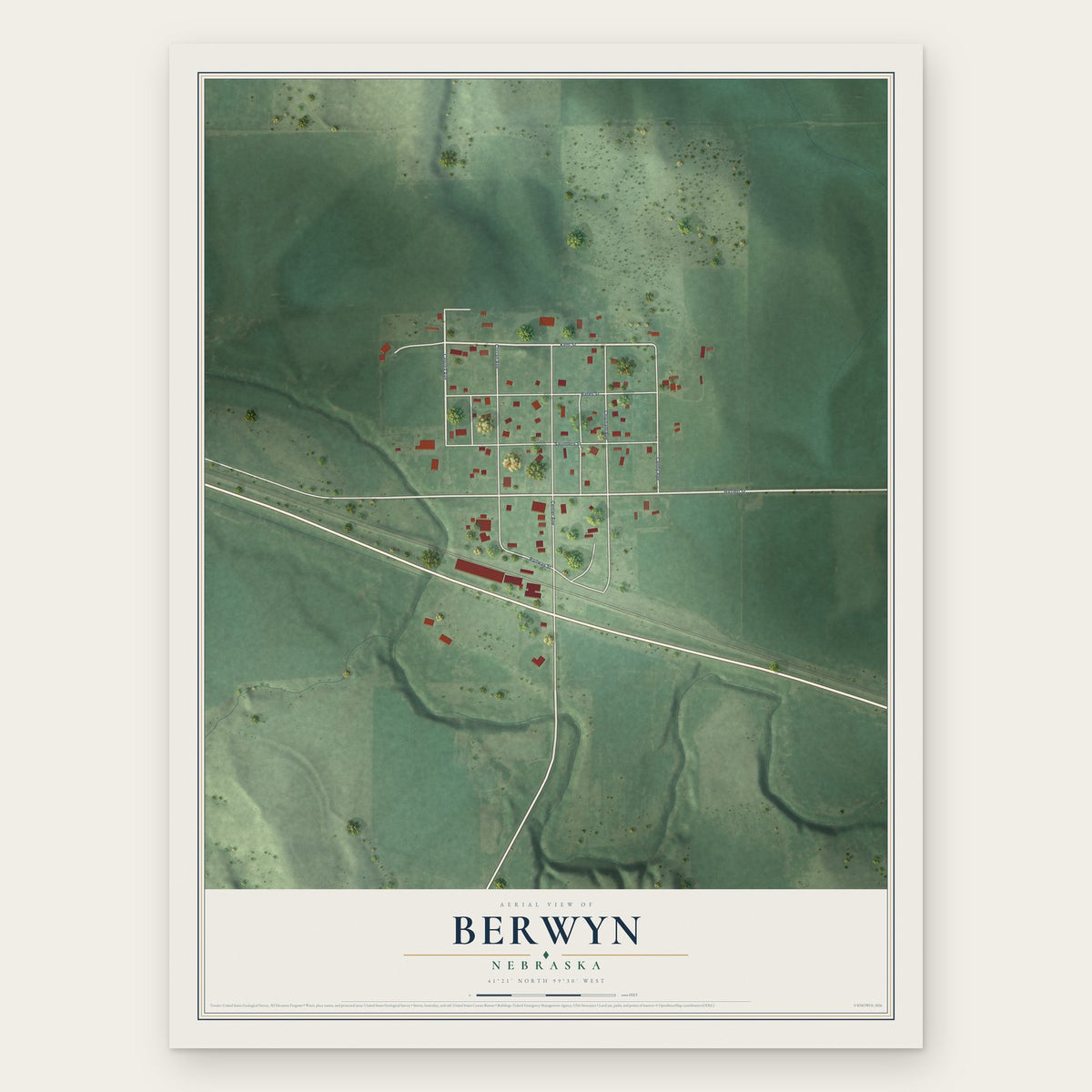 Berwyn, Nebraska map print, the full design