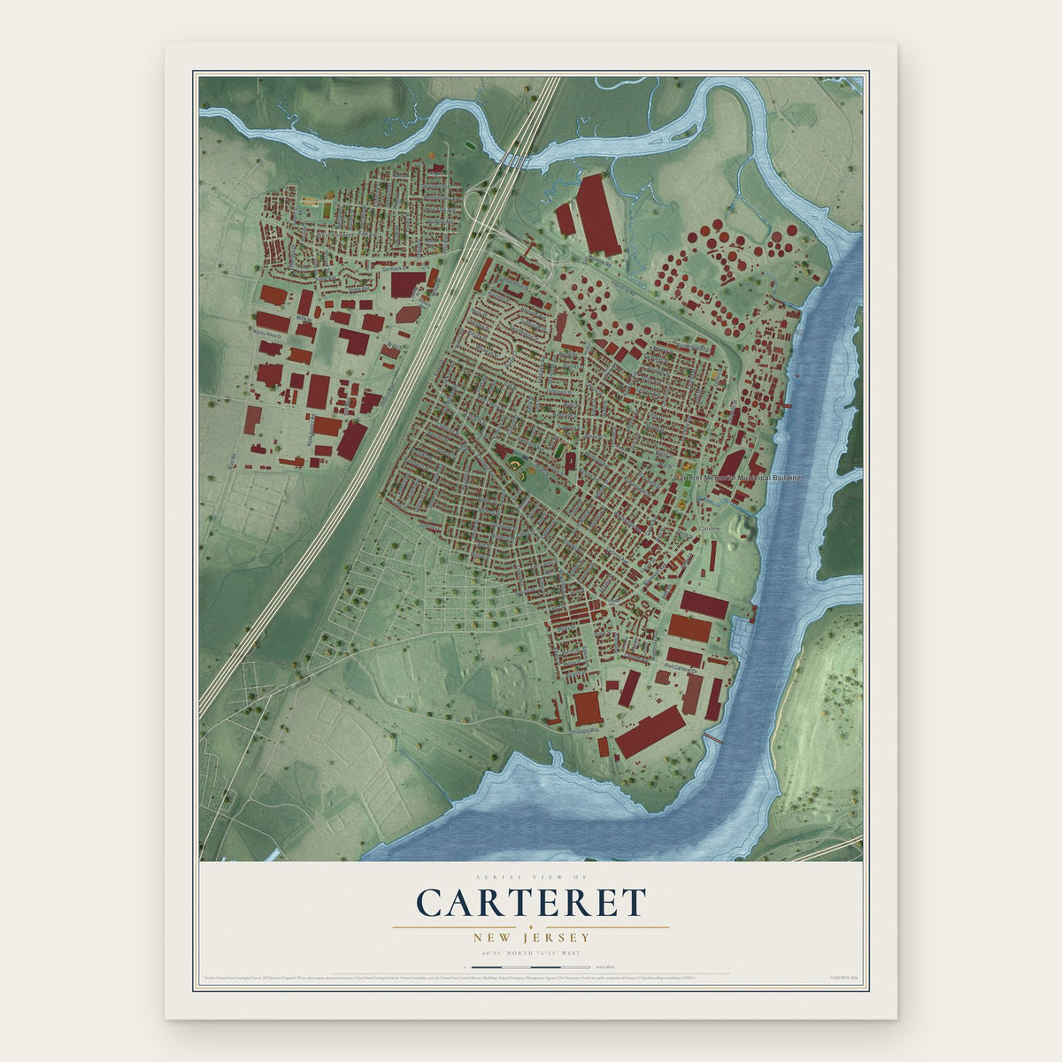 Carteret, New Jersey map print, the full design