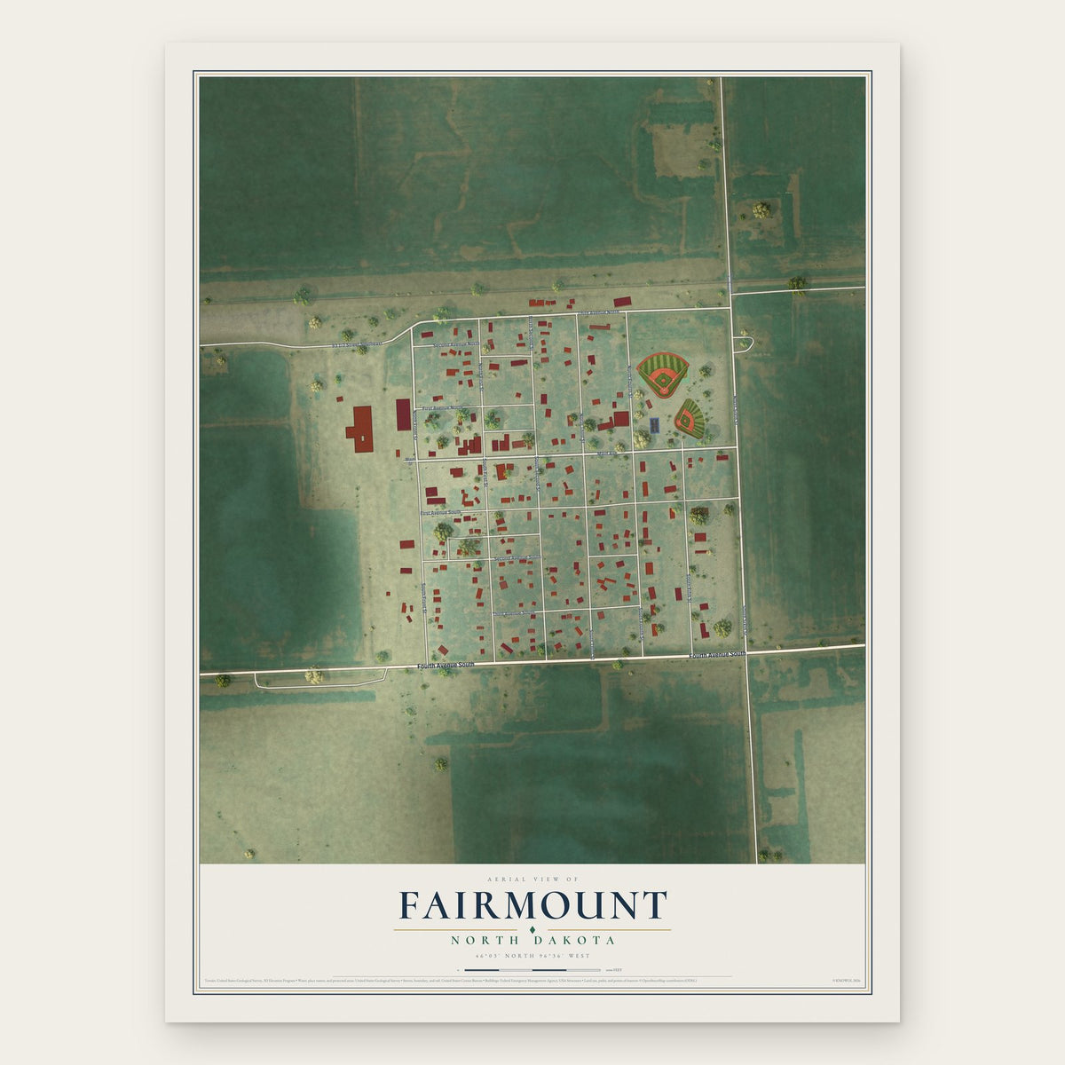 Fairmount, North Dakota map print, the full design