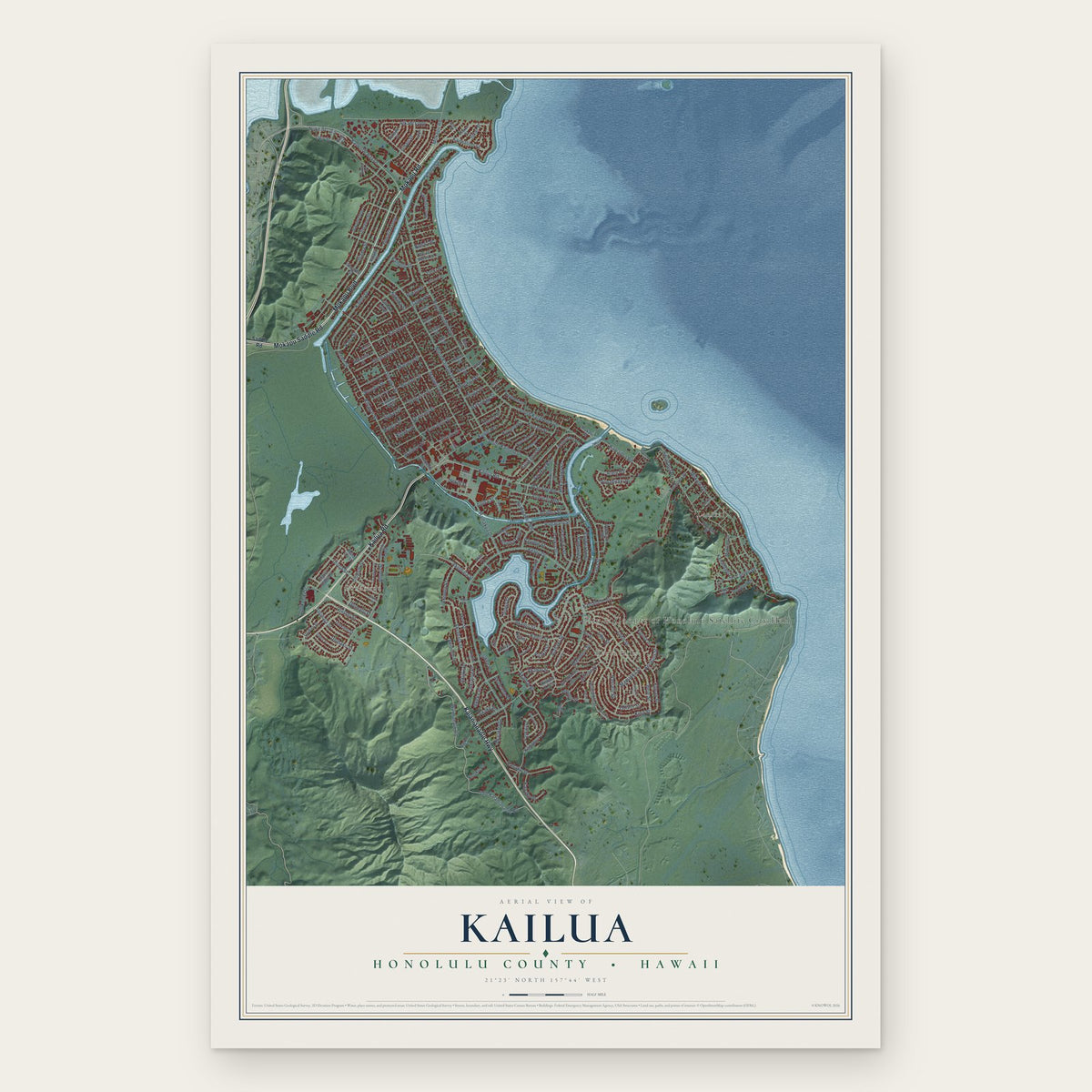 Kailua, Hawaii map print, the full design