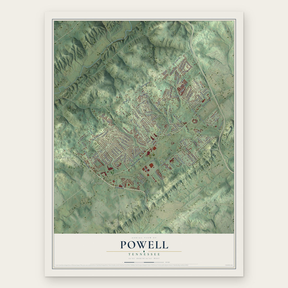 Powell, Tennessee map print, the full design