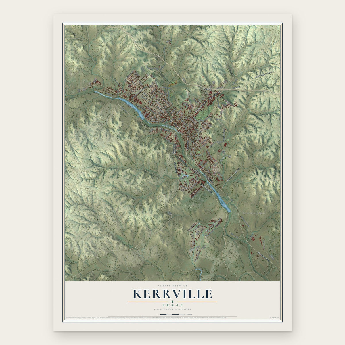 Kerrville, Texas map print, the full design