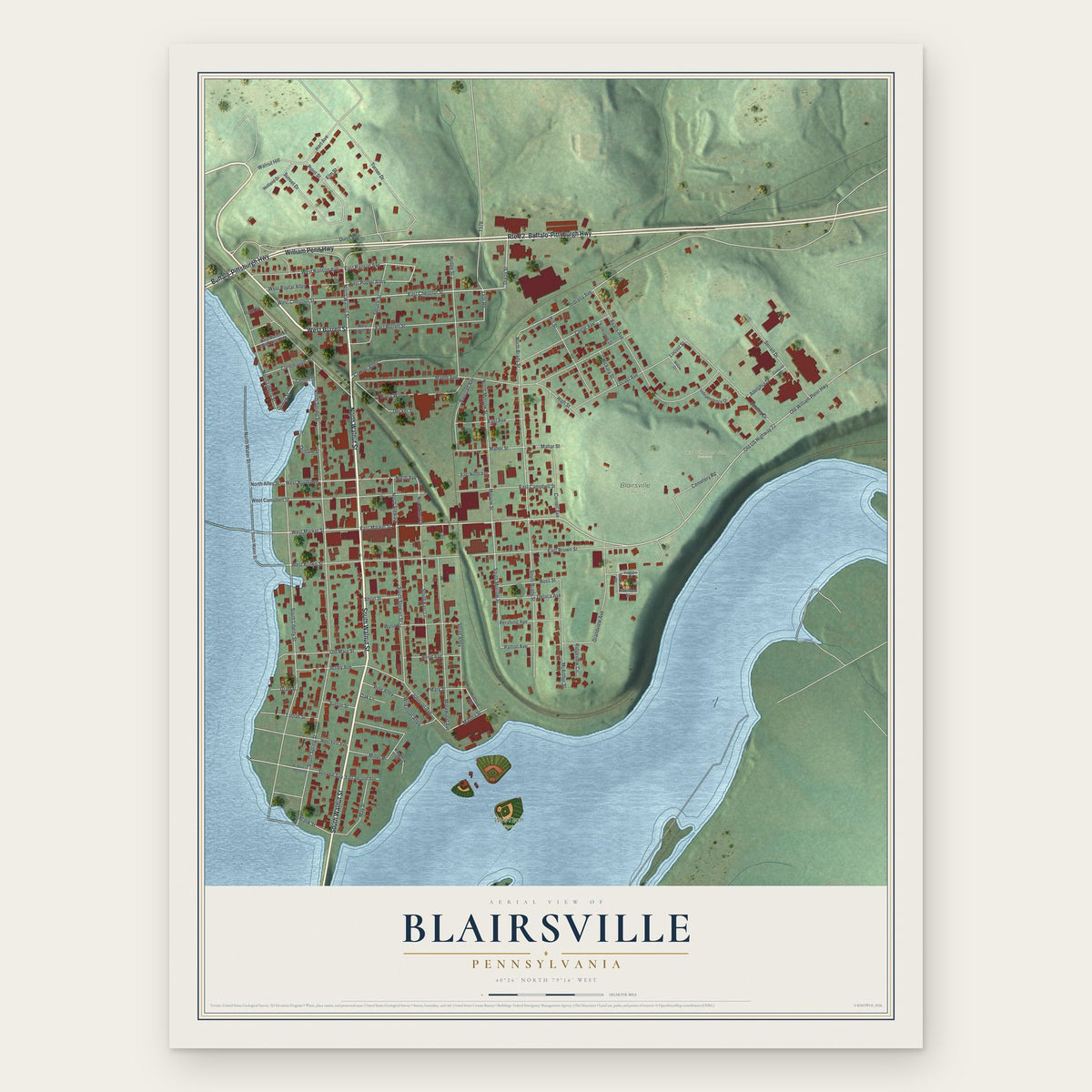 Blairsville, Pennsylvania map print, the full design