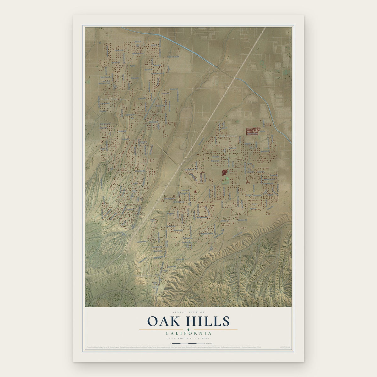 Oak Hills, California map print, the full design