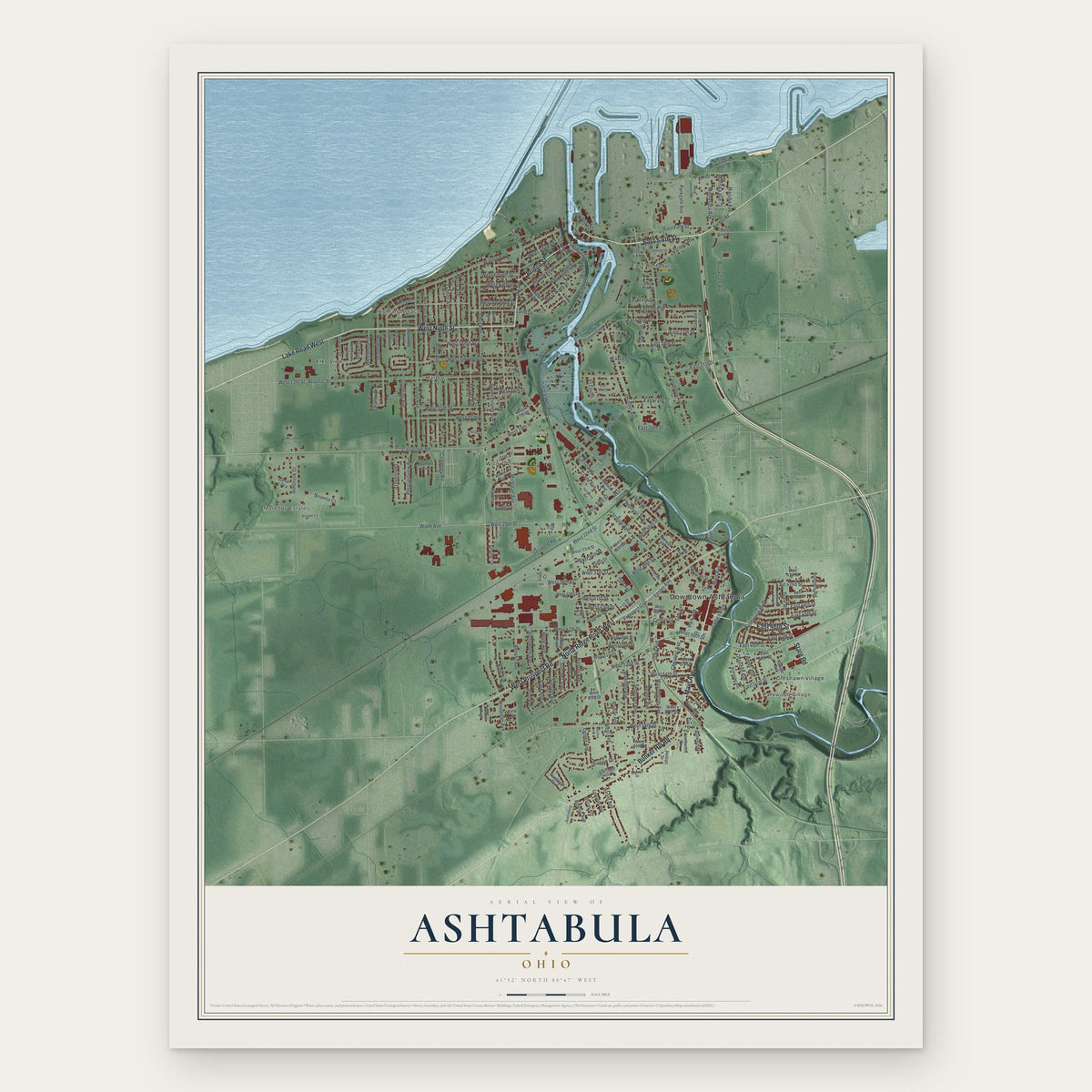 Ashtabula, Ohio map print, the full design