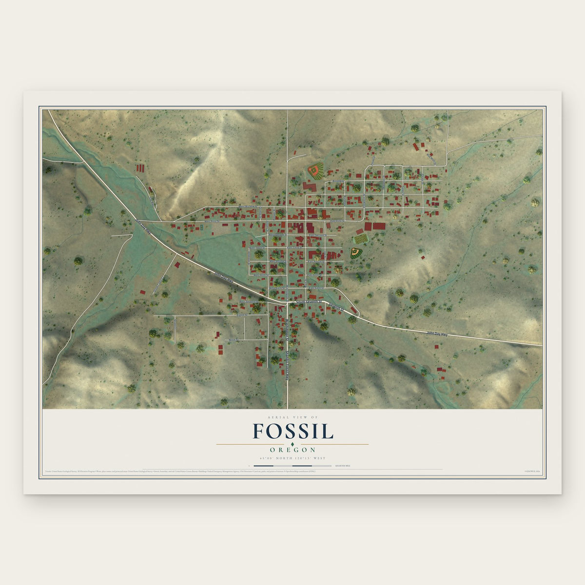 Fossil, Oregon map print, the full design
