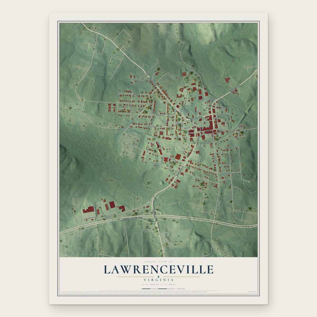 Lawrenceville, Virginia map print, the full design