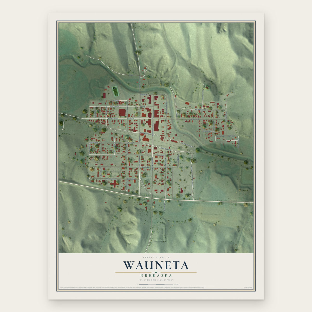 Wauneta, Nebraska map print, the full design