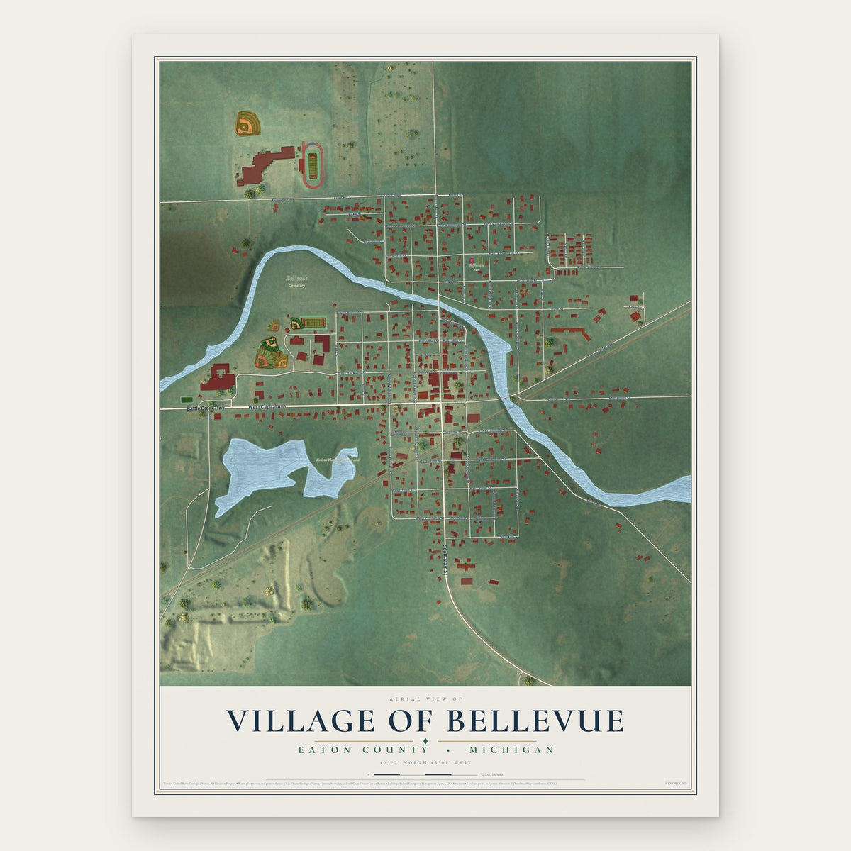 Bellevue, Michigan map print, the full design