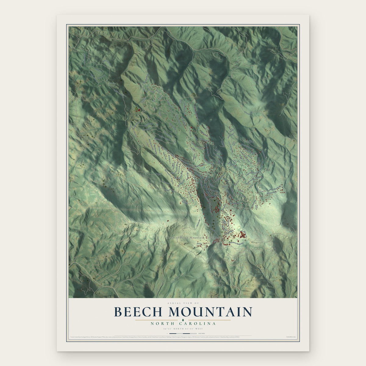 Beech Mountain, North Carolina map print, the full design