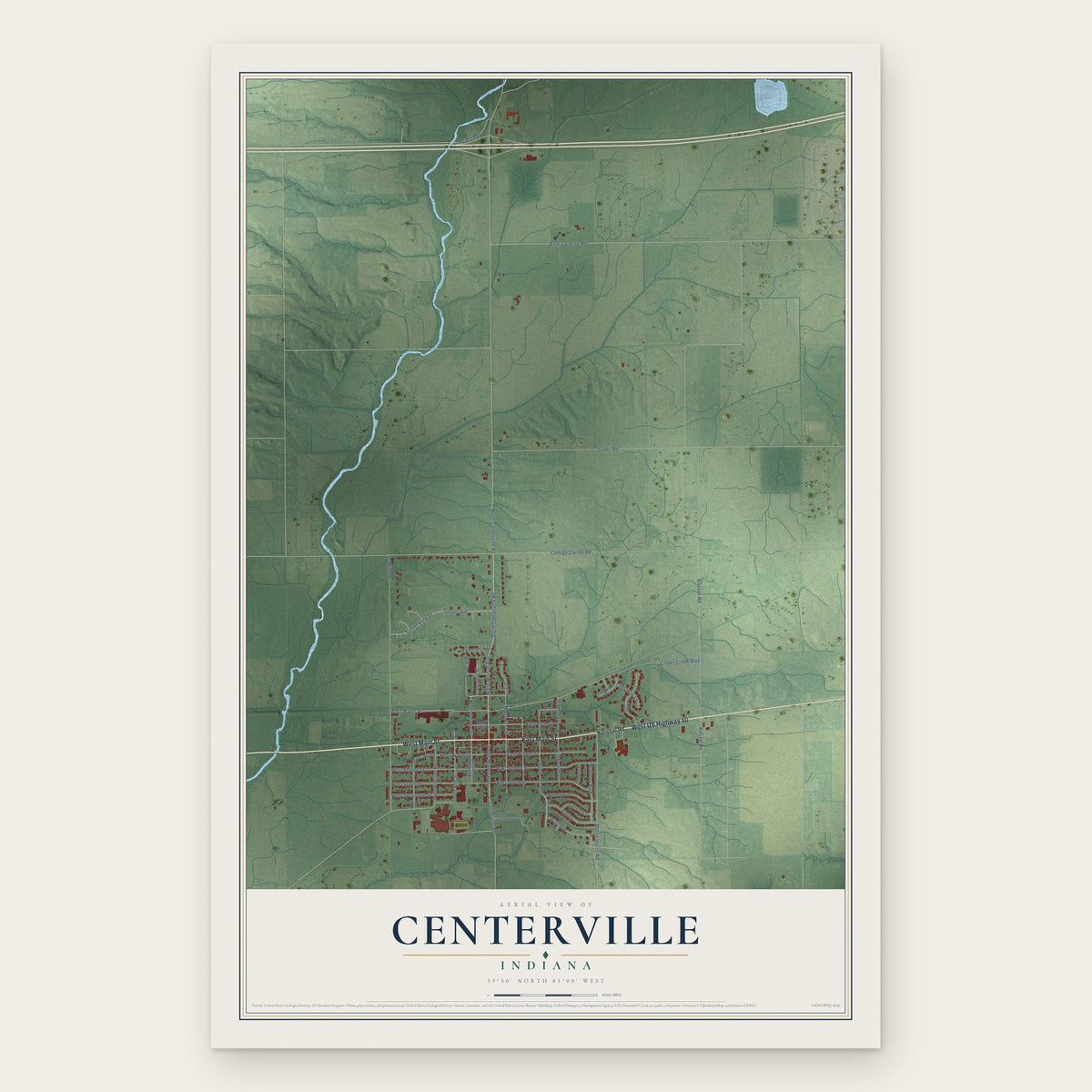 Centerville, Indiana map print, the full design