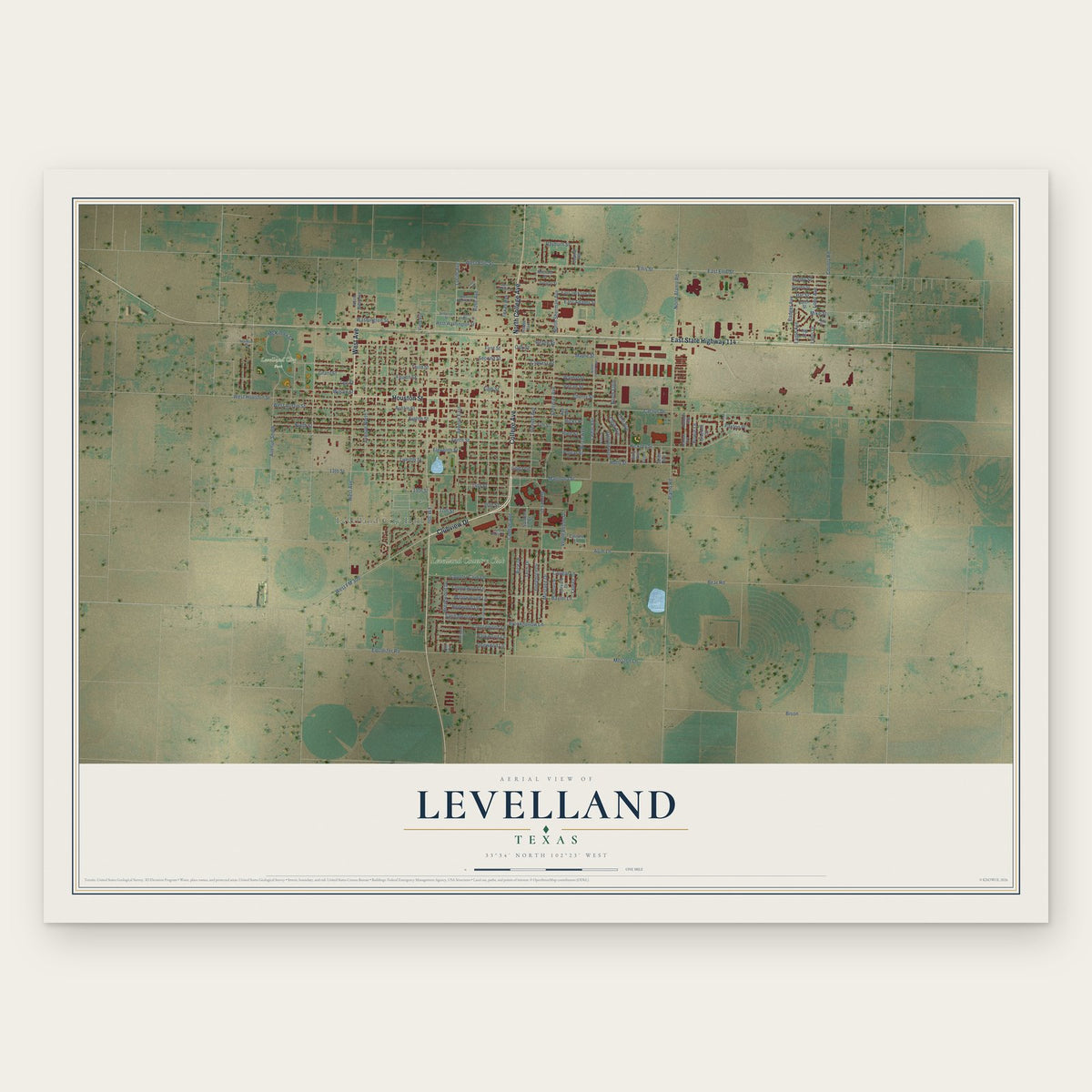 Levelland, Texas map print, the full design