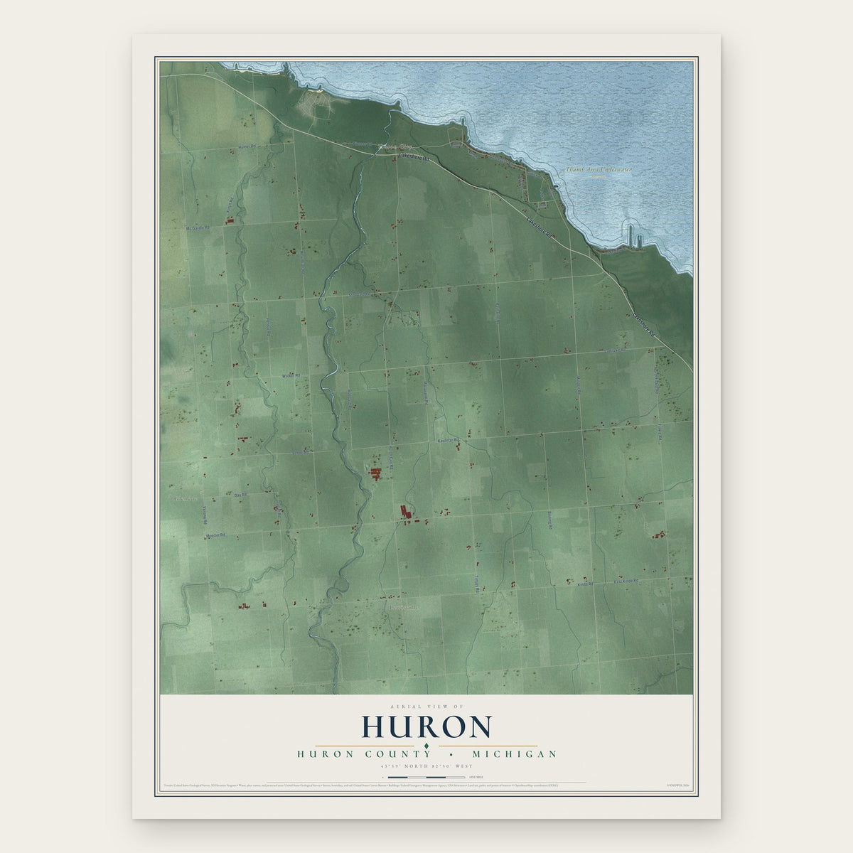 Huron, Huron County, Michigan map print, the full design