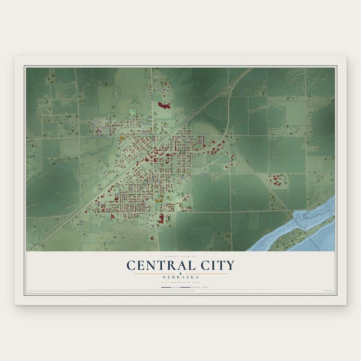 Central City, Nebraska map print, the full design