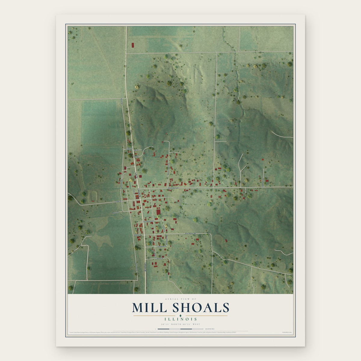 Mill Shoals, Illinois map print, the full design