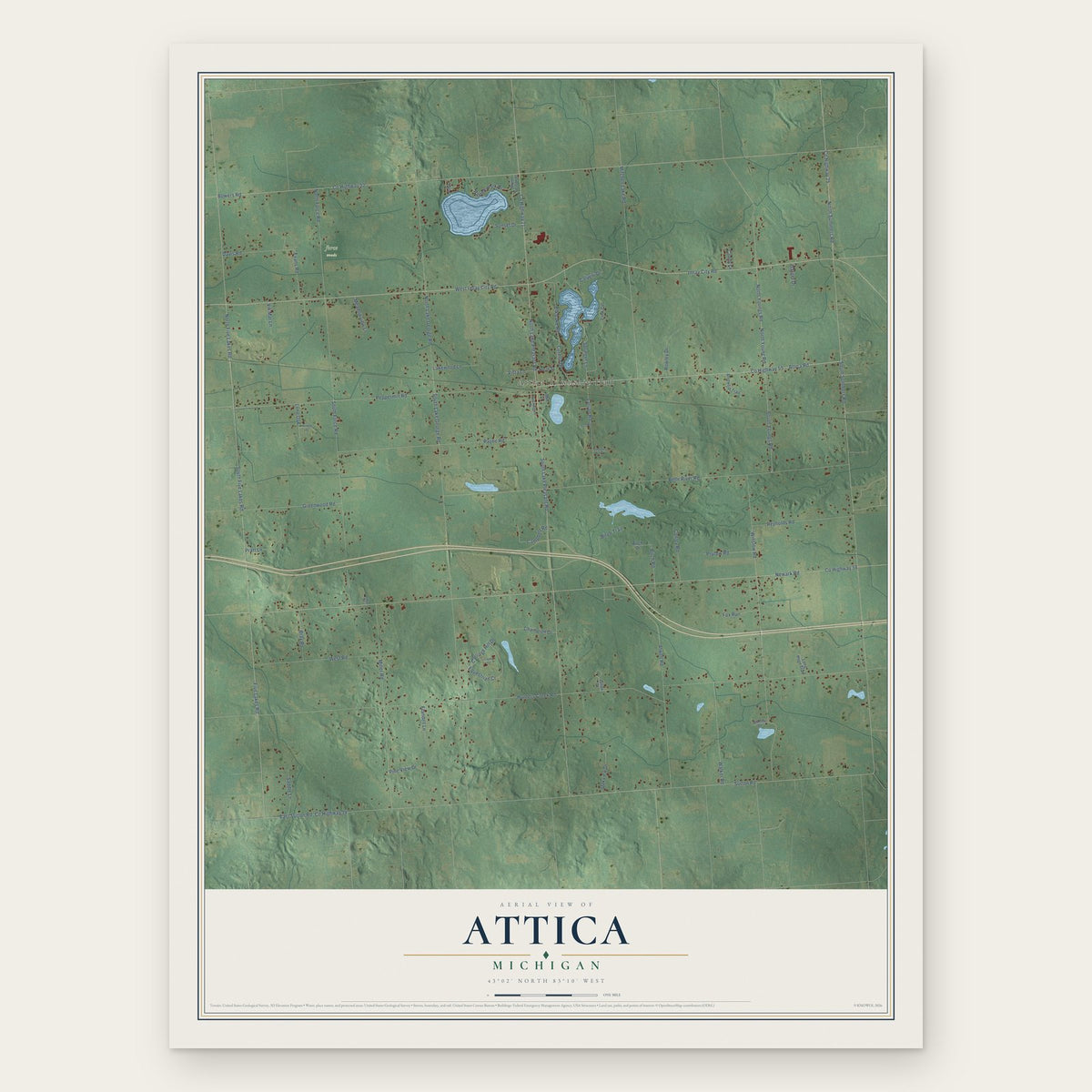 Attica, Michigan map print, the full design