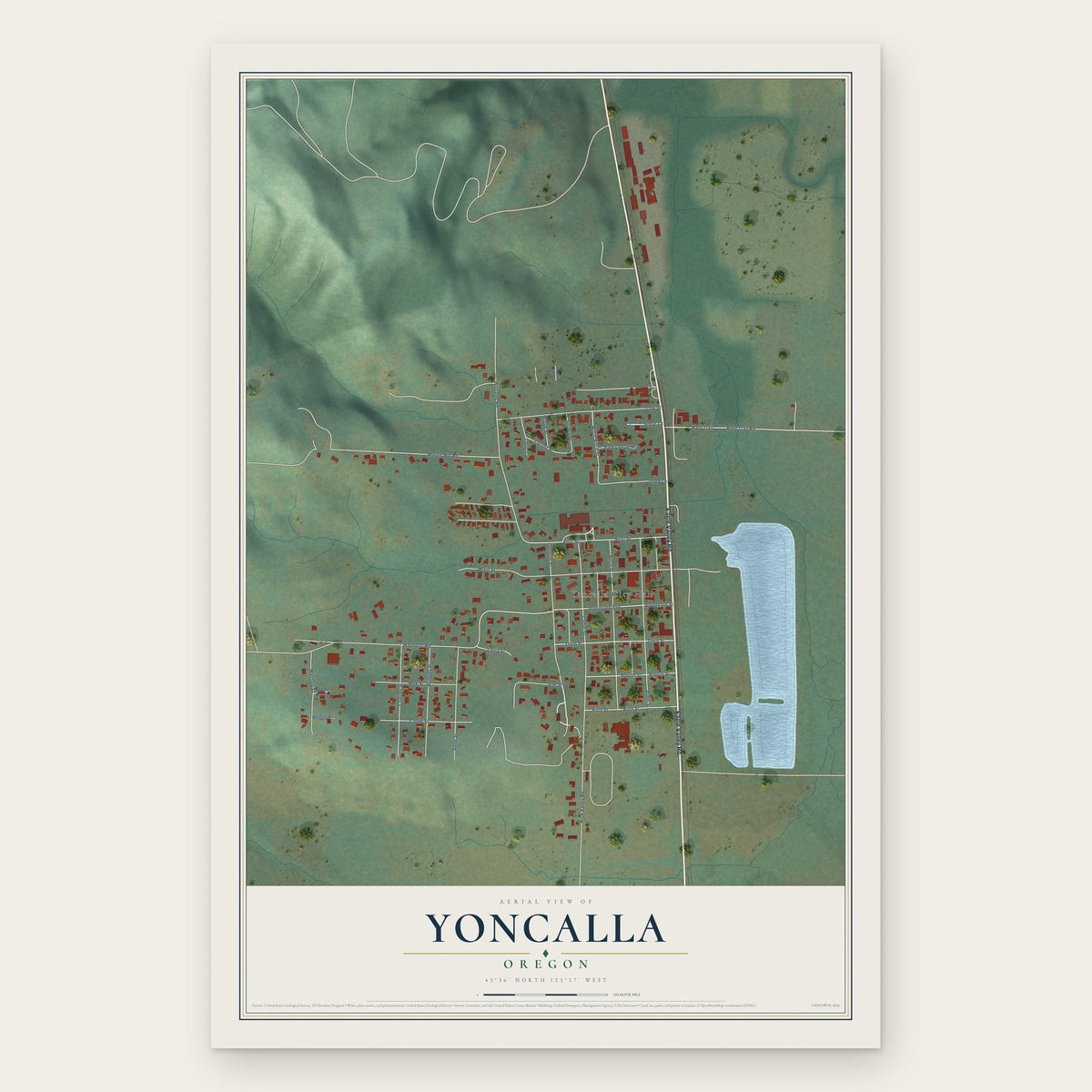 Yoncalla, Oregon map print, the full design