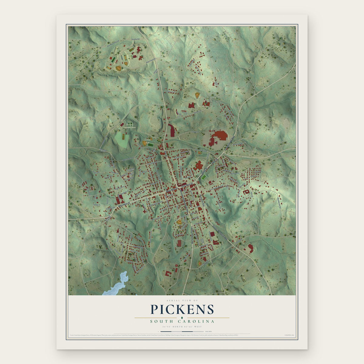 Pickens, South Carolina map print, the full design