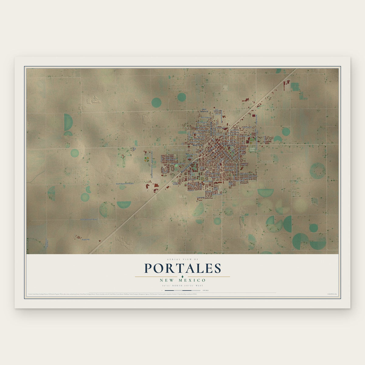 Portales, New Mexico map print, the full design
