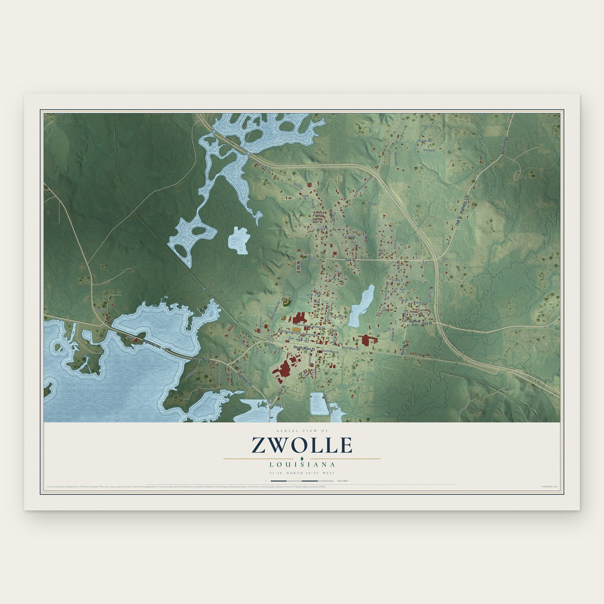 Zwolle, Louisiana map print, the full design
