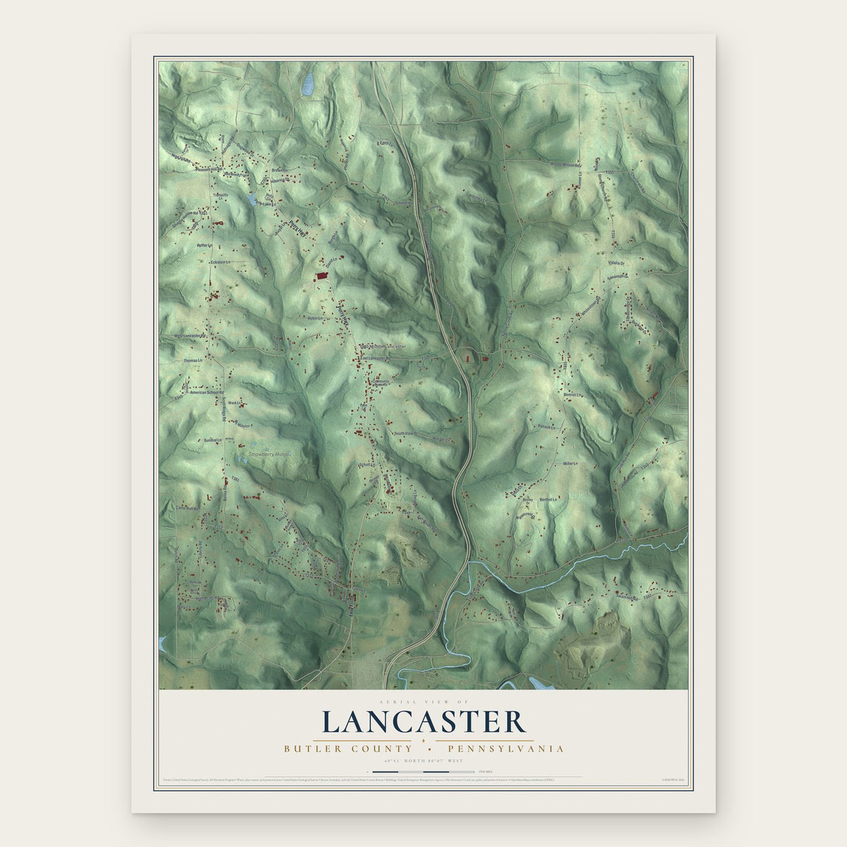 Lancaster, Butler County, Pennsylvania map print, the full design