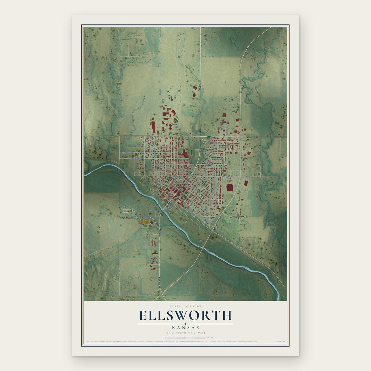 Ellsworth, Kansas map print, the full design