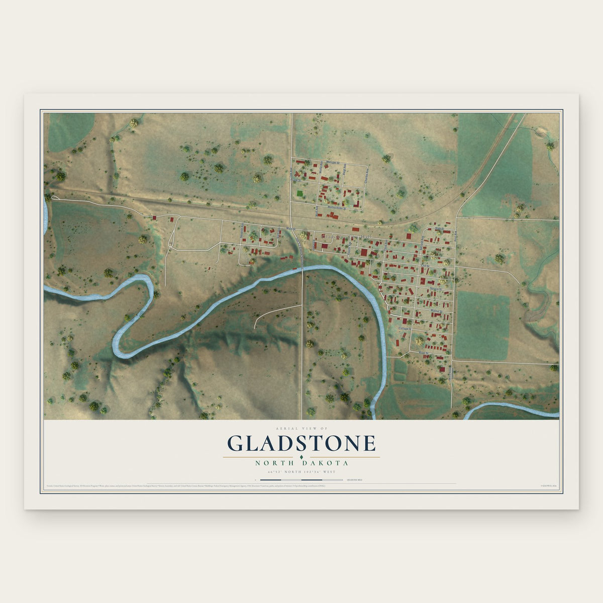 Gladstone, North Dakota map print, the full design