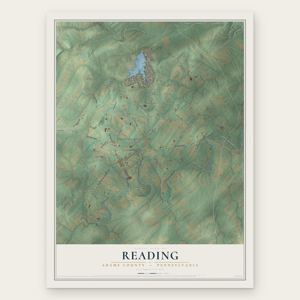 Reading, Adams County, Pennsylvania map print, the full design