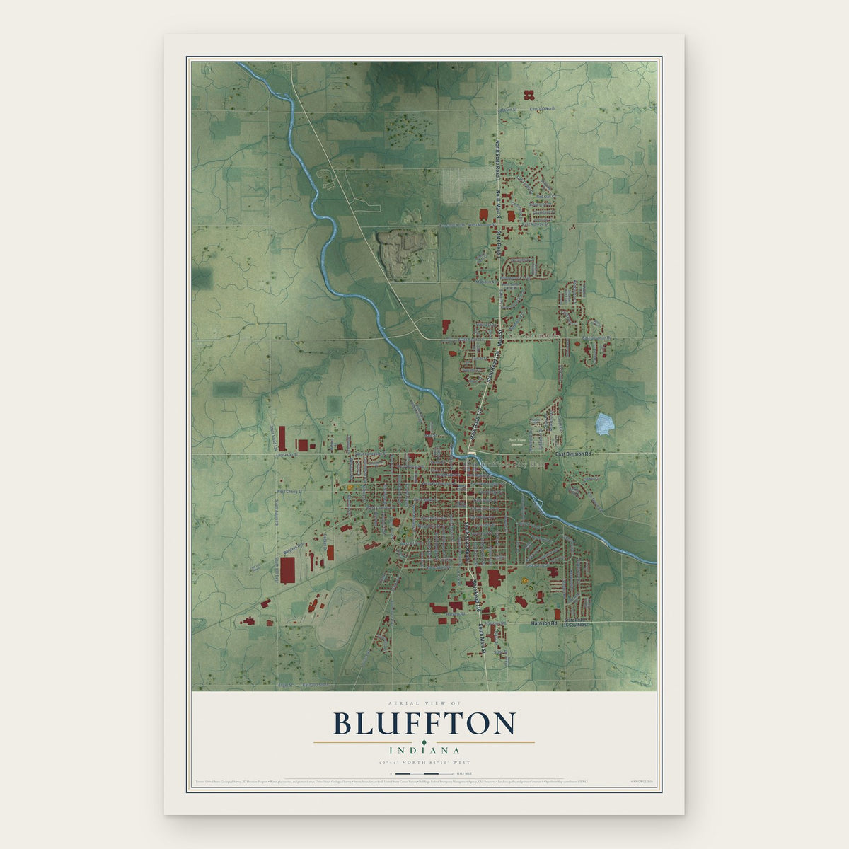 Bluffton, Indiana map print, the full design